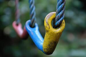 Close-up of colorful playground swing ropes photo