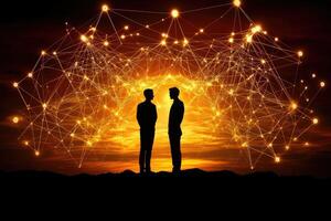 Two businessmen converse against a backdrop of glowing digital network photo