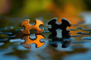 Two puzzle pieces, golden and black, resting on a surface, reflecting the colors of the surroundings photo