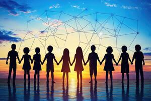 Children united by digital connection at sunset photo