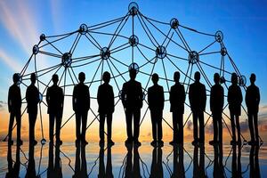 Teamwork and interconnectedness. Silhouette of a group of business professionals standing together, connected by a network of lines and icons photo