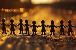 Silhouette figures linked in a golden path photo