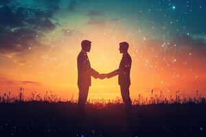 Two businessmen shaking hands at sunset photo