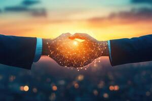 Business people shaking hands over a network connection photo