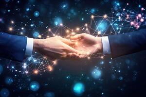 Business partnership with digital connection. Hands shake, network graphic overlays photo