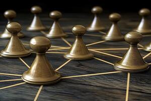 Connected bronze figures on a dark wooden surface, suggesting a network or collaboration photo