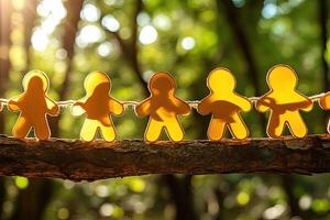 Paper figures linked by a cord in a forest photo