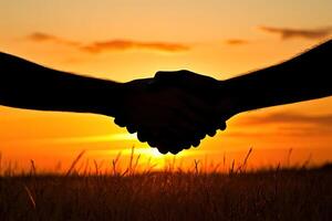 Silhouette handshake at sunset over a field photo
