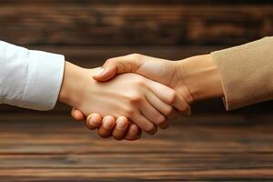Business handshake on a wooden background photo