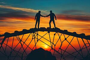 Two figures stand on a rope bridge at sunset photo