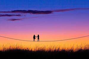Silhouettes of two people on a wire at sunset photo