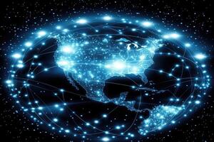 The earth is surrounded by glowing lines and connected to the internet photo