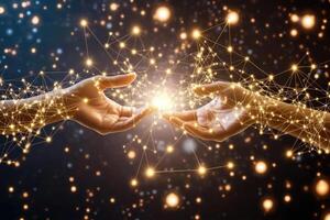 Two hands connect through a network of light photo