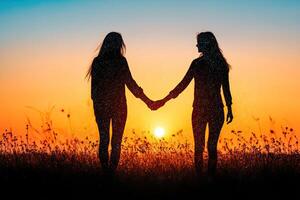 Two women holding hands at sunset photo