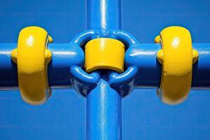 Blue cross-shaped structure with bright yellow components photo