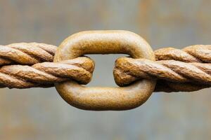 Rusty metal link connecting two intertwined ropes photo