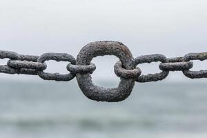 Rusty chain link against a blurred ocean backdrop photo