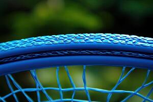 Close-up of vibrant blue tire on a net photo