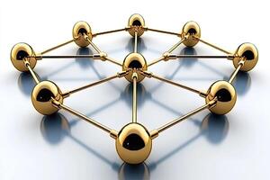 A golden network of spheres with a golden sphere in the center photo