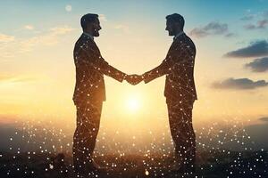 Two businessmen shaking hands, signifying a successful partnership, set against a backdrop of a golden sunset photo