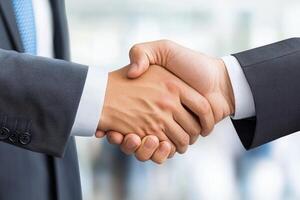 Business handshake. Close-up of two business professionals shaking hands. Professionalism, partnership, and deal-making are implied photo