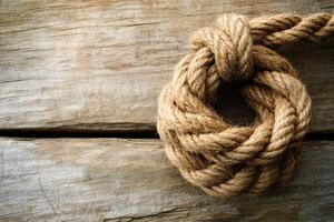 Nautical rope knot on weathered wood photo