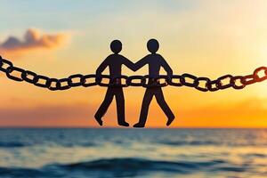 Two figures walk hand-in-hand across a chain, symbolizing freedom photo
