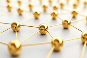 Golden spheres connected by thin lines form a complex network photo