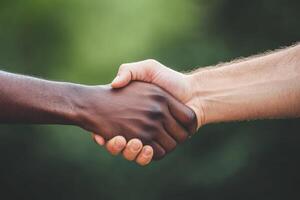 Diverse hands shaking in a gesture of unity photo