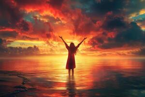 Woman in adoration, sunset photo