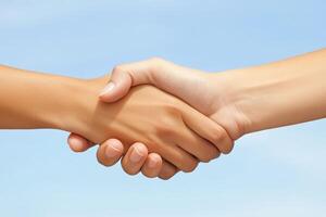 Two hands clasped in a friendly handshake against a clear sky photo