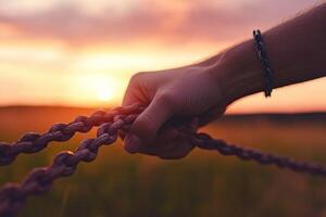 A person holding a chain in front of a sunset photo