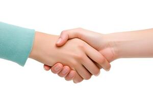 Two people shaking hands over a white background photo