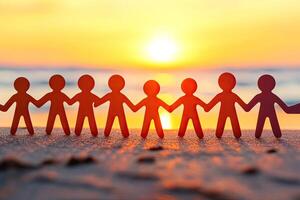 Paper figures linked hands at sunrise photo