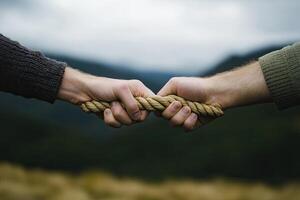 Two hands grip a rope, a test of strength amidst nature photo