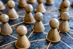 Wooden figurines interconnected by golden lines, illustrating a network or community photo