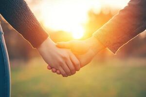 Couple holding hands in the sunset photo
