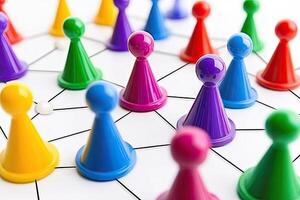 Colorful game pieces connected by lines, representing a network photo