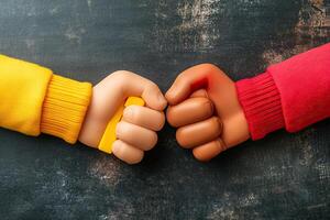 Two hands, fists clenched in a friendly gesture, contrasting colors photo