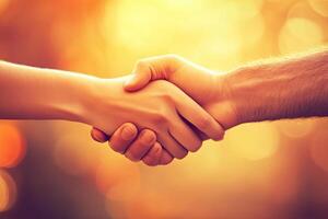 Two people shaking hands over a blurred background photo