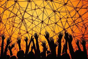 Crowd raising hands, connected network photo