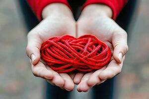 Red yarn held in cupped hands photo