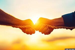 Two hands gripping a rope, symbolizing teamwork and strength at sunset photo