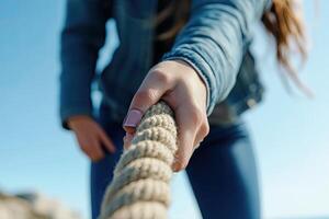 Close-up of a person pulling a rope photo