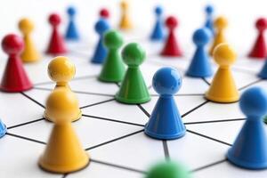 Colorful game pieces interconnected by a network photo