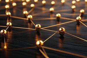 Golden spheres interconnected by lines on dark surface photo