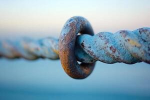 Close-up of weathered metal cable with rusted ring photo