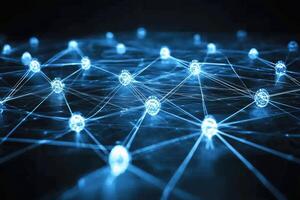 Complex network of interconnected nodes. Detailed network system with glowing blue nodes and connecting lines, creating a sense of intricate connections and advanced technology photo