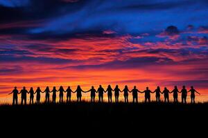 A united group stands hand-in-hand at sunset photo