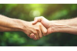 Two hands shaking in agreement outdoors photo